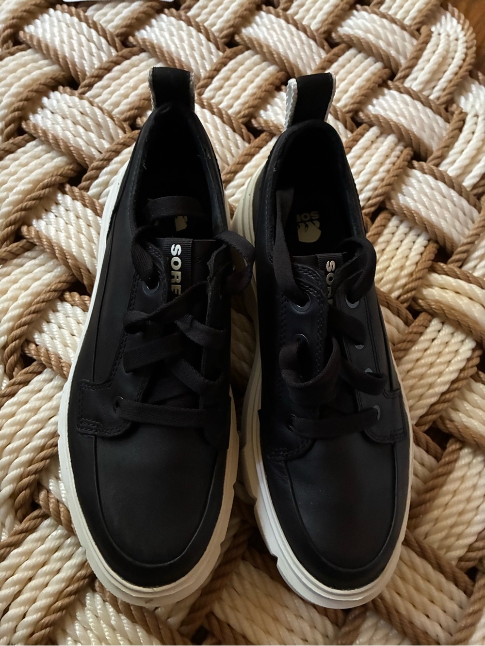 Sorel Black Leather Lace-Up Sneakers with White Platform Sole